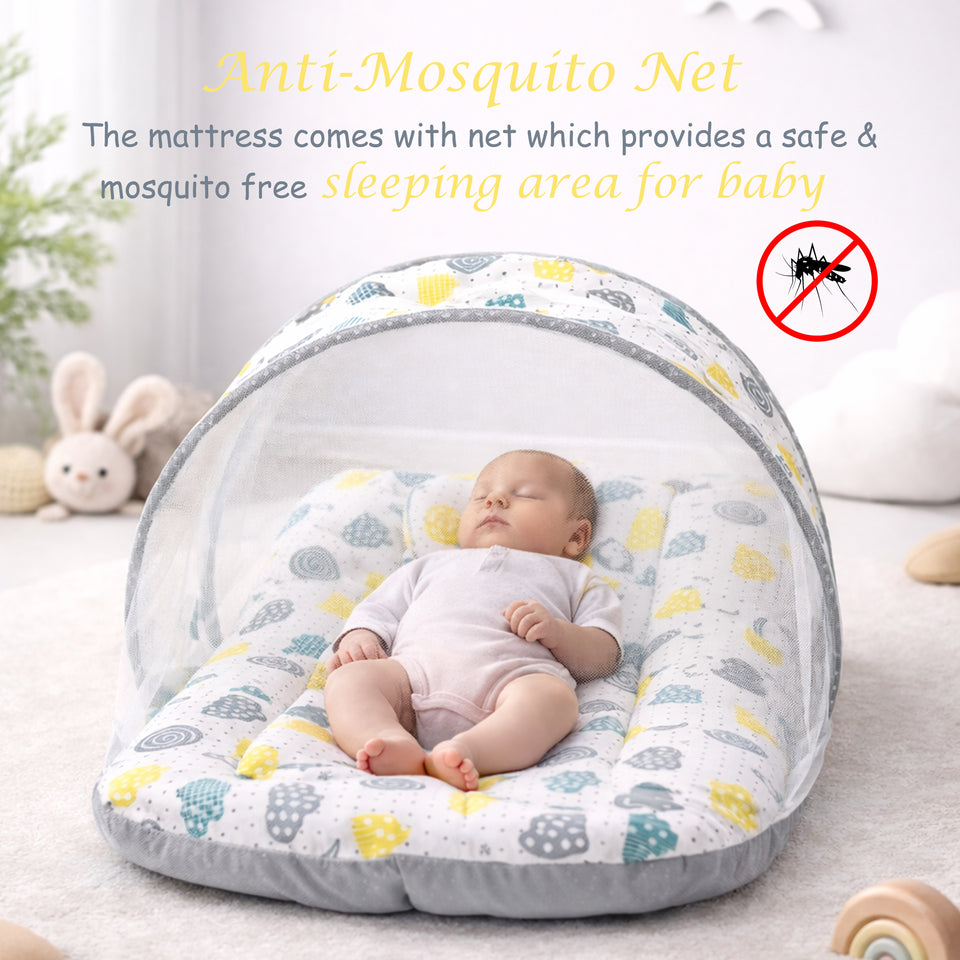 FARETO COMBO OF BABY MATTRESS WITH NET | SLEEPING BAG | 4 PCS BEDDING SET(0-6 MONTHS) (GREY SPIRAL)(F322)