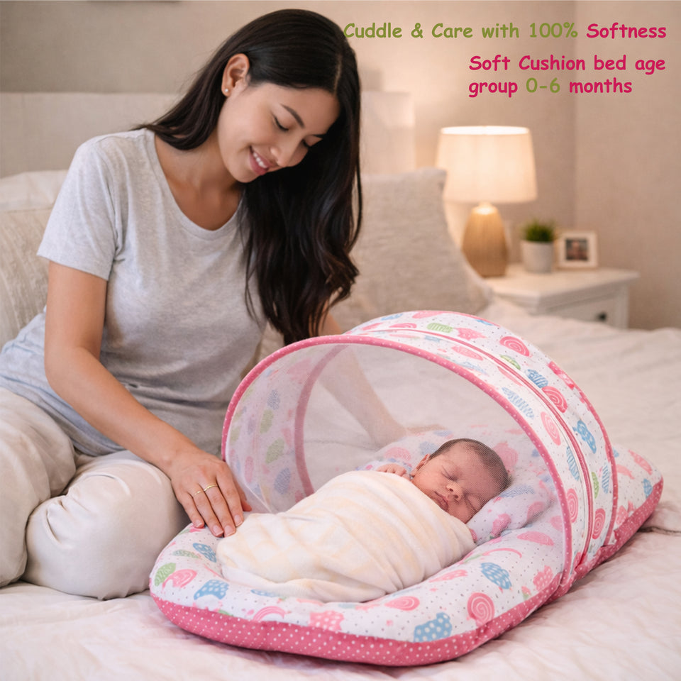 FARETO COMBO OF BABY MATTRESS WITH NET | SLEEPING BAG | 4 PCS BEDDING SET(0-6 MONTHS)(PEACH SPIRAL)(F323)