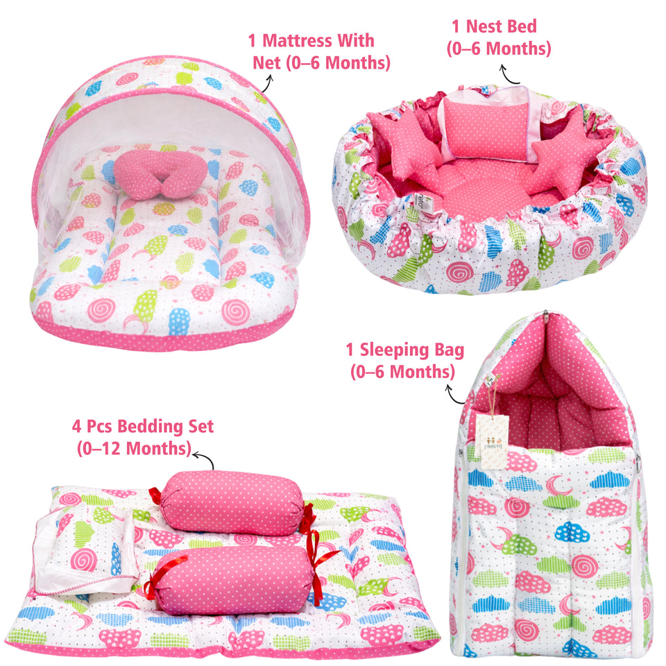 FARETO COMPLETE BEDDING SET ESSENTIALS COMBO FOR BABY (0-6 MONTHS)(PEACH SPIRAL)(F320)