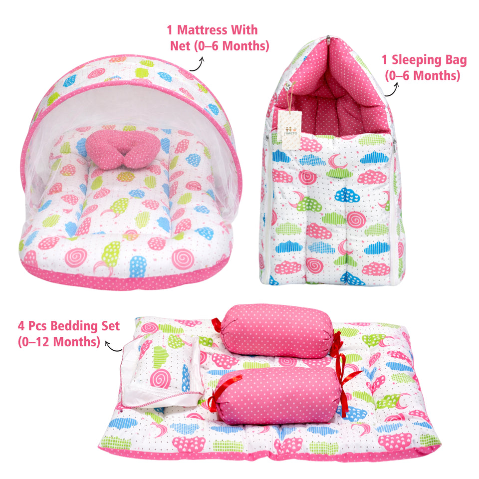 FARETO COMBO OF BABY MATTRESS WITH NET | SLEEPING BAG | 4 PCS BEDDING SET(0-6 MONTHS)(PEACH SPIRAL)(F323)