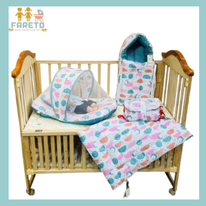 FARETO COMBO OF BABY MATTRESS WITH NET | SLEEPING BAG | 4 PCS BEDDING SET(0-6 MONTHS)(PISTA GREEN SPIRAL)