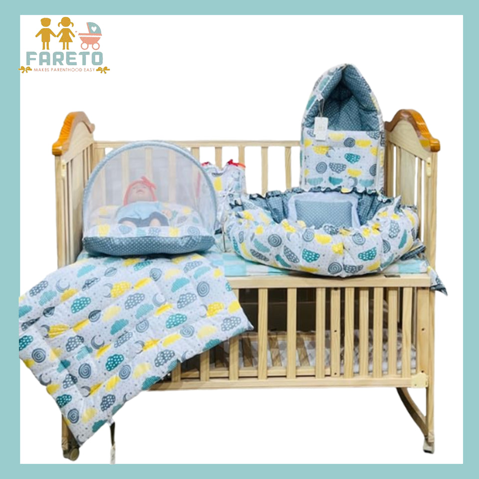 FARETO COMPLETE BEDDING SET ESSENTIALS COMBO FOR BABY (0-6 MONTHS)(GREY SPIRAL)