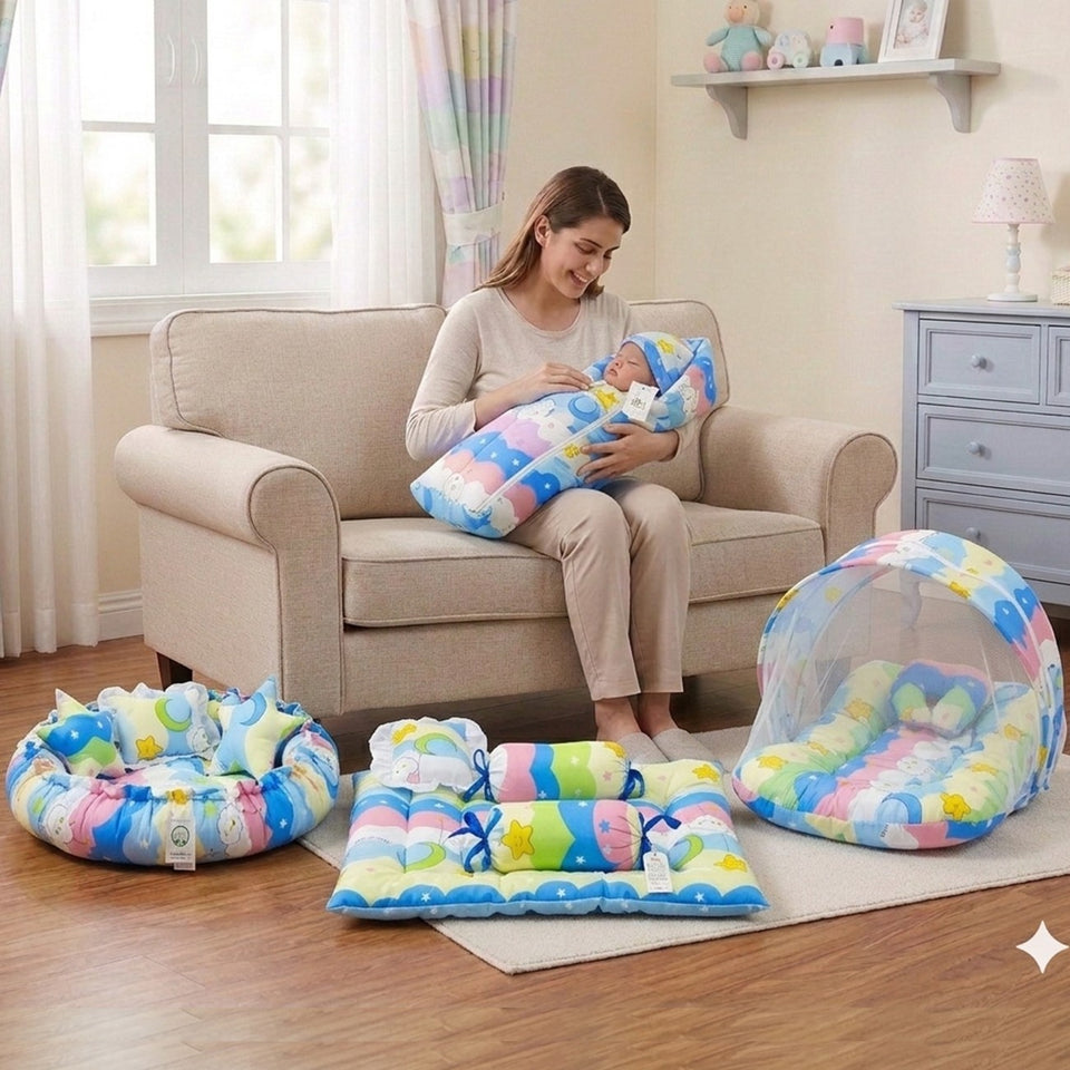 FARETO COMPLETE BEDDING SET ESSENTIALS COMBO FOR BABY (0-6 MONTHS)(New-Star-Blue)(F572)