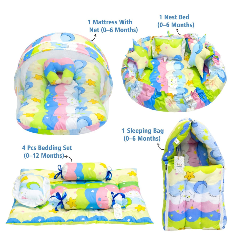 FARETO COMPLETE BEDDING SET ESSENTIALS COMBO FOR BABY (0-6 MONTHS)(New-Star-Blue)(F572)