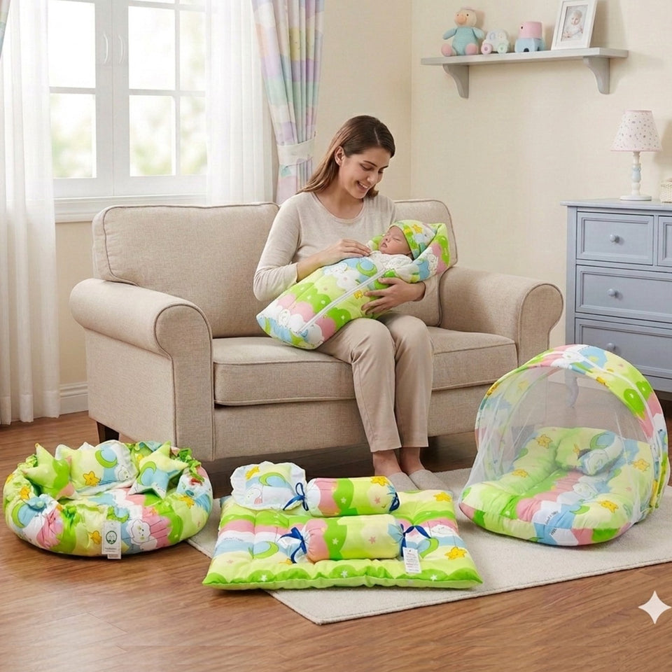 FARETO COMPLETE BEDDING SET ESSENTIALS COMBO FOR BABY (0-6 MONTHS)(New-Star-Blue)(F572)