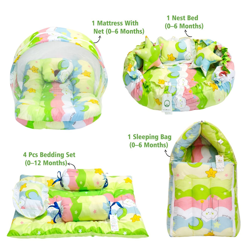 FARETO COMPLETE BEDDING SET ESSENTIALS COMBO FOR BABY (0-6 MONTHS)(New-Star-Blue)(F572)