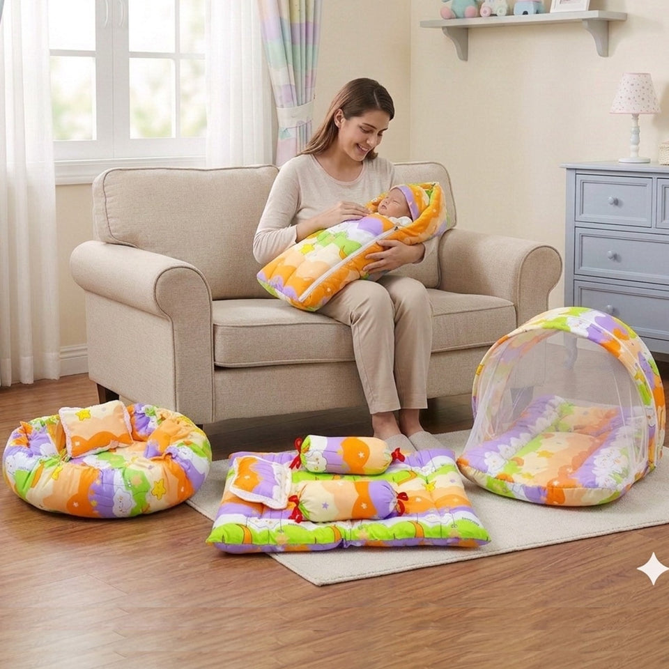 FARETO COMPLETE BEDDING SET ESSENTIALS COMBO FOR BABY (0-6 MONTHS)(New-Star-Blue)(F572)