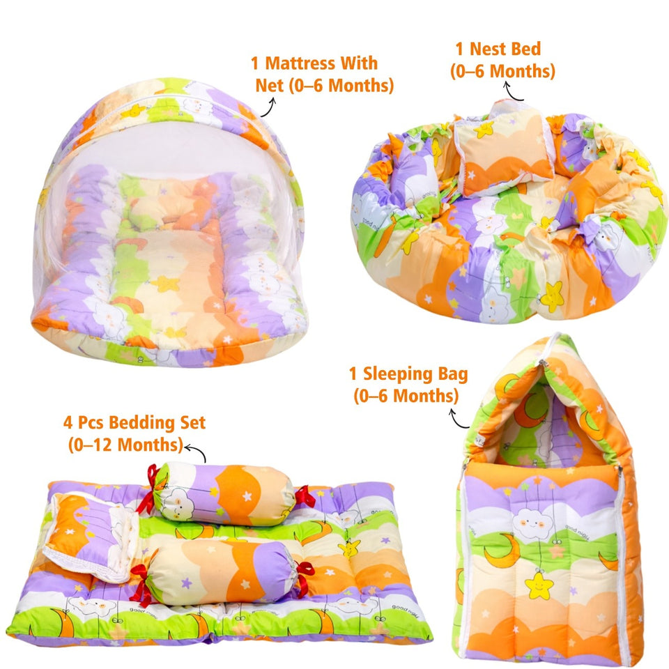 FARETO COMPLETE BEDDING SET ESSENTIALS COMBO FOR BABY (0-6 MONTHS)(New-Star-Blue)(F572)