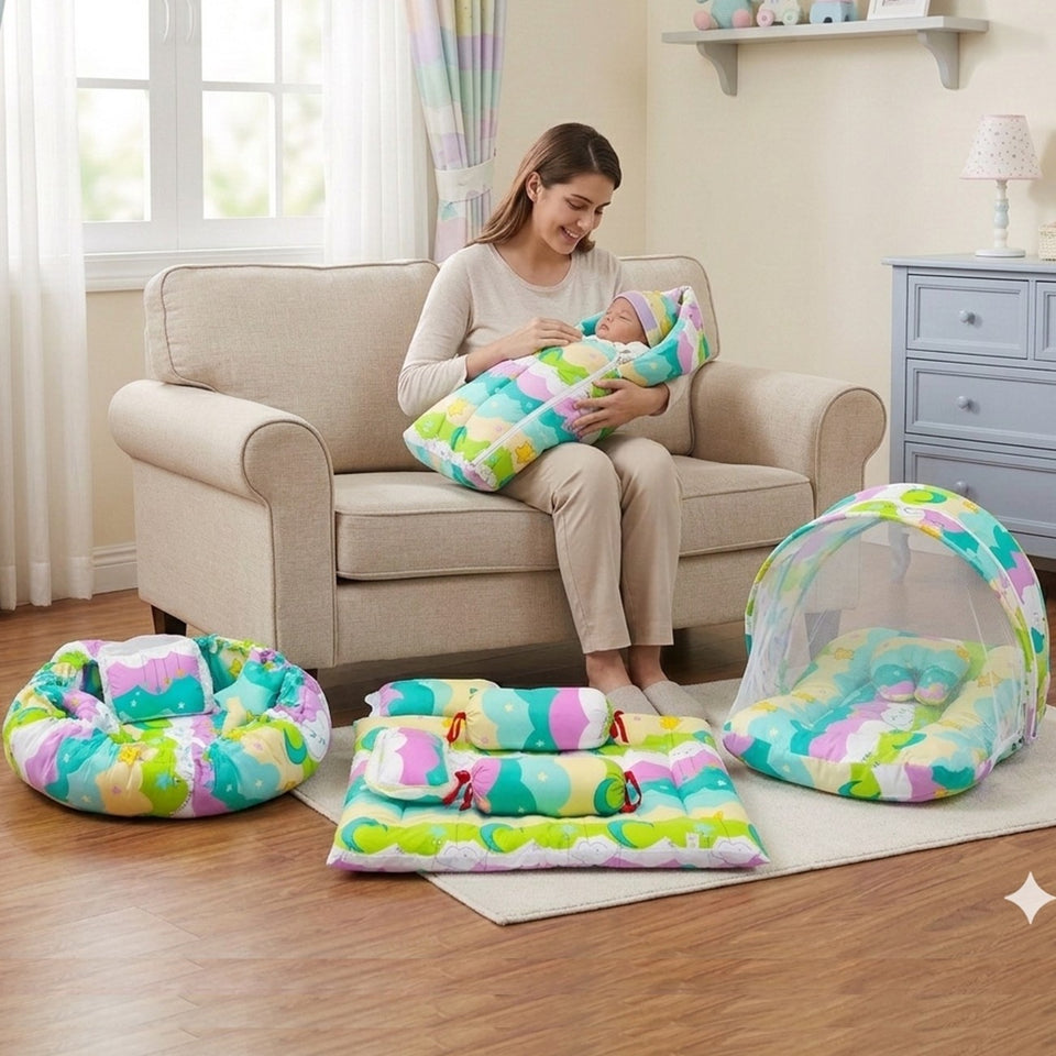 FARETO COMPLETE BEDDING SET ESSENTIALS COMBO FOR BABY (0-6 MONTHS)(New-Star-Blue)(F572)