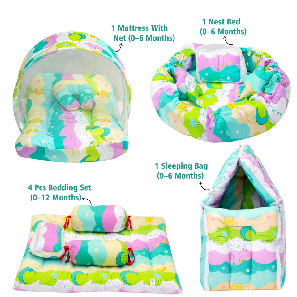FARETO COMPLETE BEDDING SET ESSENTIALS COMBO FOR BABY (0-6 MONTHS)(New-Star-Blue)(F572)