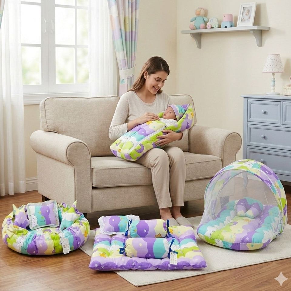 FARETO COMPLETE BEDDING SET ESSENTIALS COMBO FOR BABY (0-6 MONTHS)(New-Star-Blue)(F572)