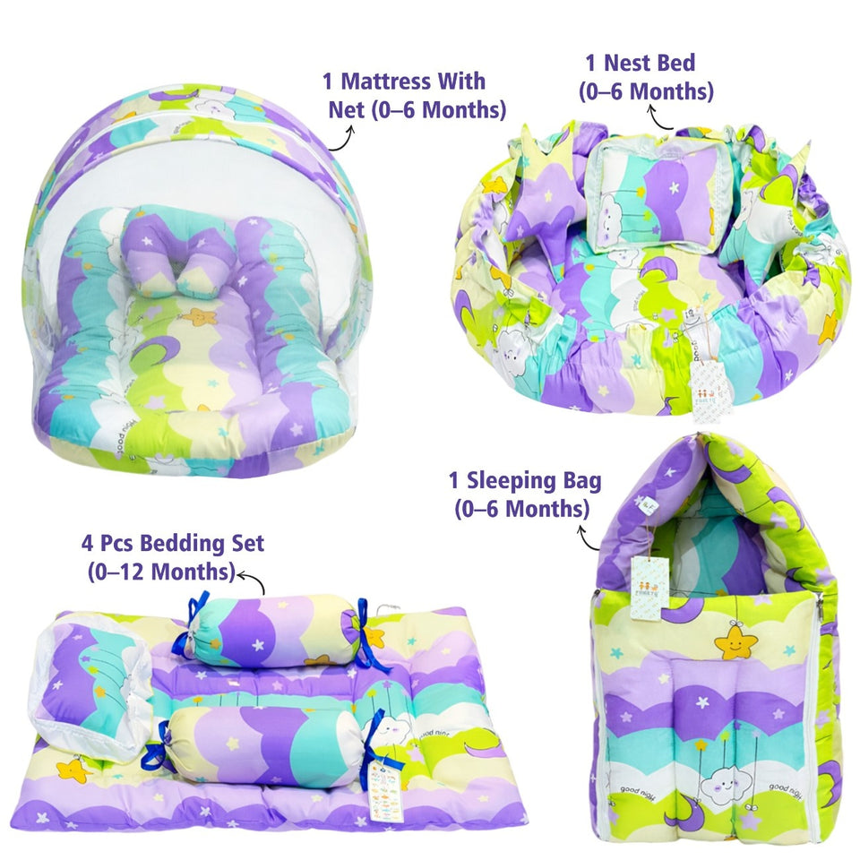 FARETO COMPLETE BEDDING SET ESSENTIALS COMBO FOR BABY (0-6 MONTHS)(New-Star-Blue)(F572)