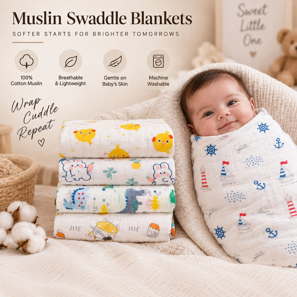 Fareto Premium 100% Cotton Muslin Baby Swaddle Wrap | Soft & Breathable Newborn Swaddle Blanket | 105 × 95 cm | 0–12 Months | Pack of 1 | White Print(F798)