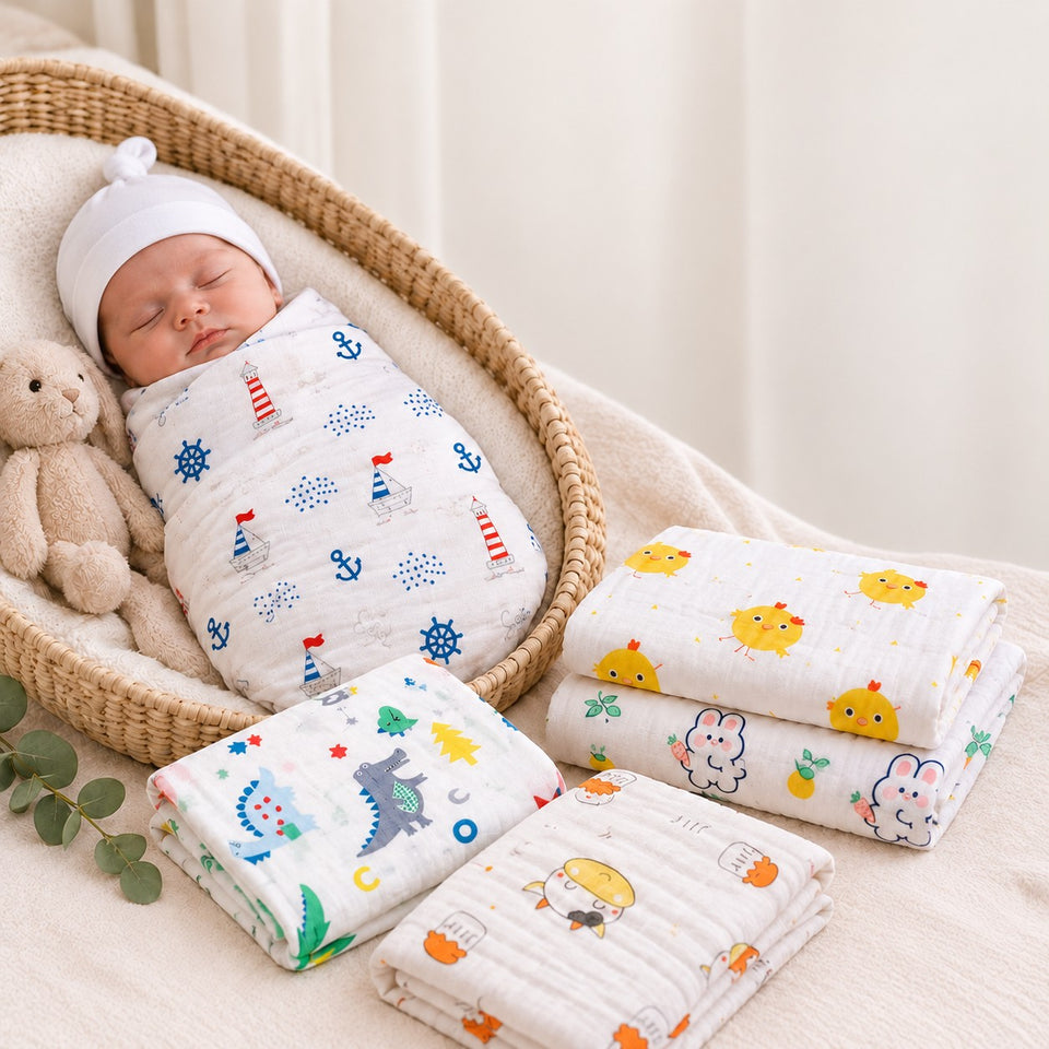 Fareto Premium 100% Cotton Muslin Baby Swaddle Wrap | Soft & Breathable Newborn Swaddle Blanket | 105 × 95 cm | 0–12 Months | Pack of 1 | White Print(F798)