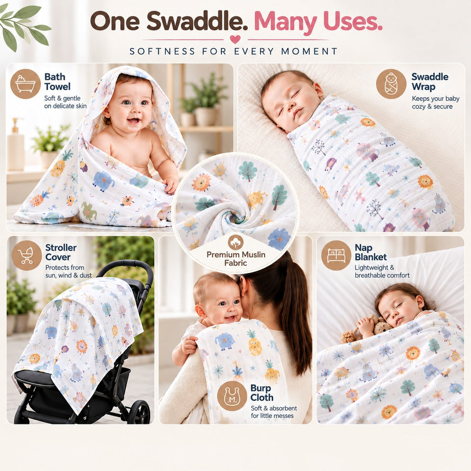 Fareto Premium 100% Cotton Muslin Baby Swaddle Wrap | Soft & Breathable Newborn Swaddle Blanket | 105 × 95 cm | 0–12 Months | Pack of 1 | White Print(F798)