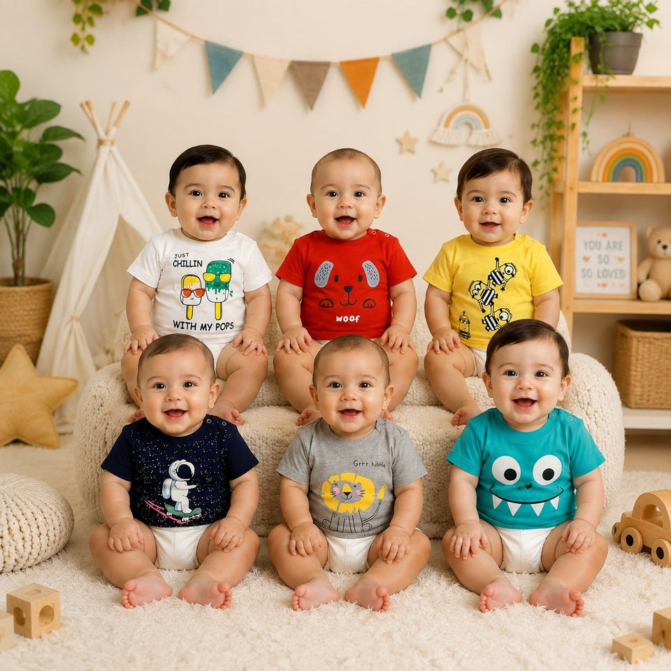 Fareto Baby Boy's & Baby Girl's Half Sleeves T-Shirt | Daily Wear T-Shirts(Pack of 6)(0- 4 Months)(F06)
