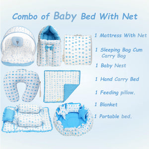 Fareto Baby bedding Essentials 1 Nest | 1 Mattress with net | 1 Carry bed | 1 Bolster set | 1 Carry bag | 1 Portable bed | 1 Feeding pillow | 1 Blanket (0-6M)