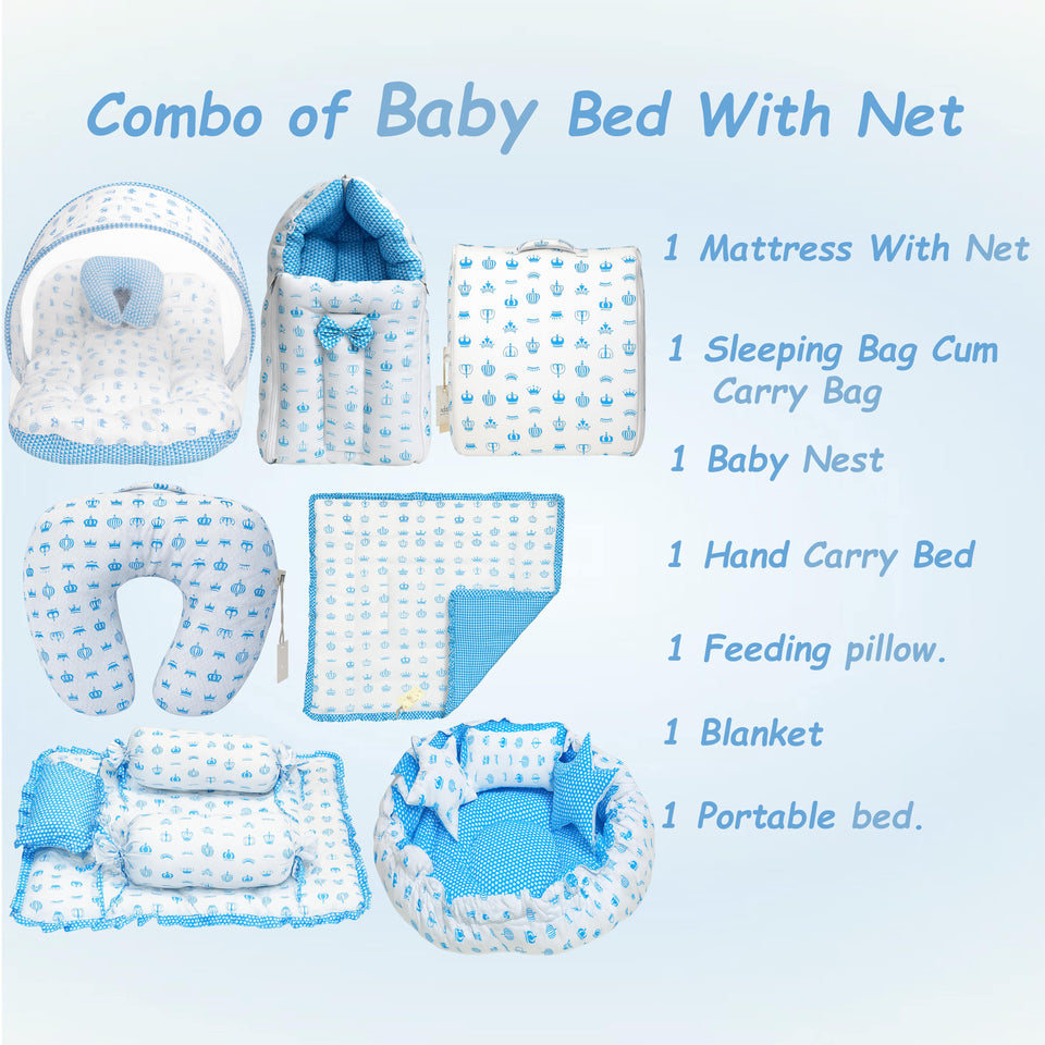Fareto Baby bedding Essentials 1 Nest | 1 Mattress with net | 1 Carry bed | 1 Bolster set | 1 Carry bag | 1 Portable bed | 1 Feeding pillow | 1 Blanket (0-6M)