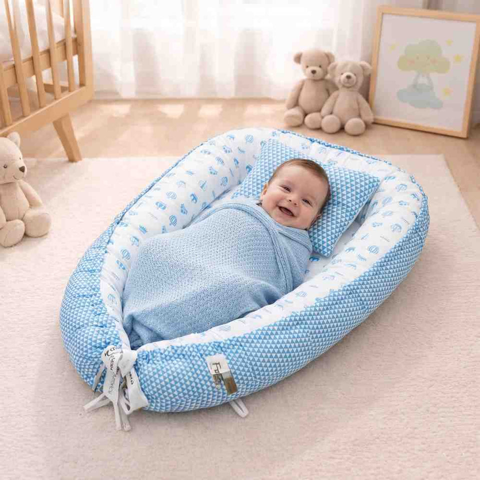 Fareto Reversible Oval Nest Baby Lounger Bed with Head Pillow | Soft Cotton Newborn Sleeping Nest (0–12 Months) | Breathable & Washable Infant Bed | (Taj Blue)(F761)