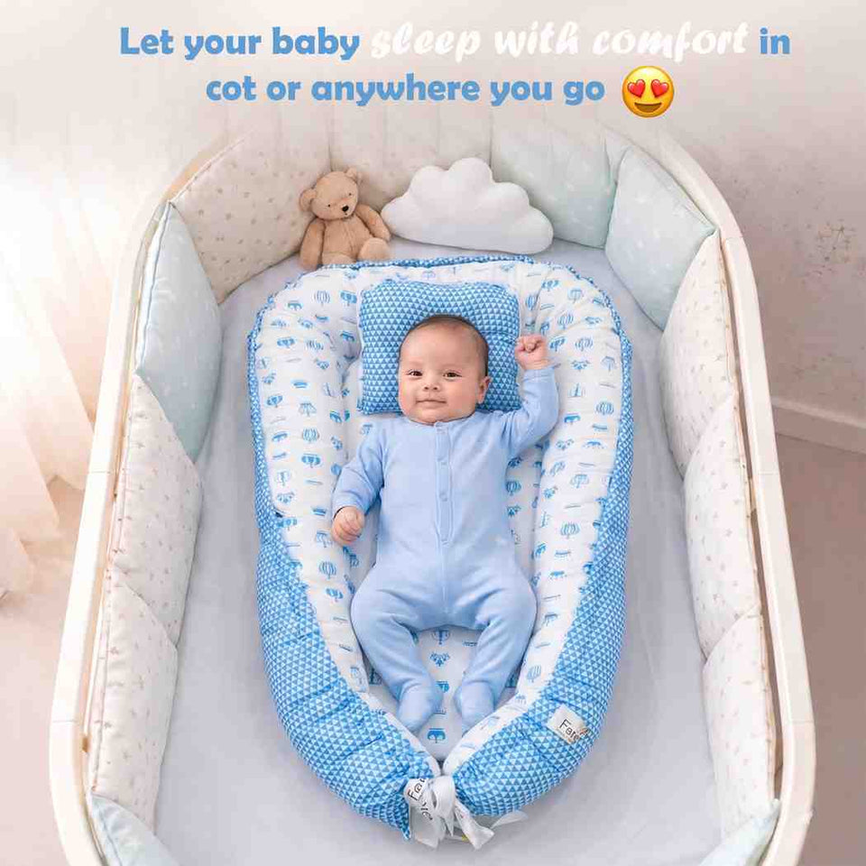 Fareto Reversible Oval Nest Baby Lounger Bed with Head Pillow | Soft Cotton Newborn Sleeping Nest (0–12 Months) | Breathable & Washable Infant Bed | (Taj Blue)(F761)
