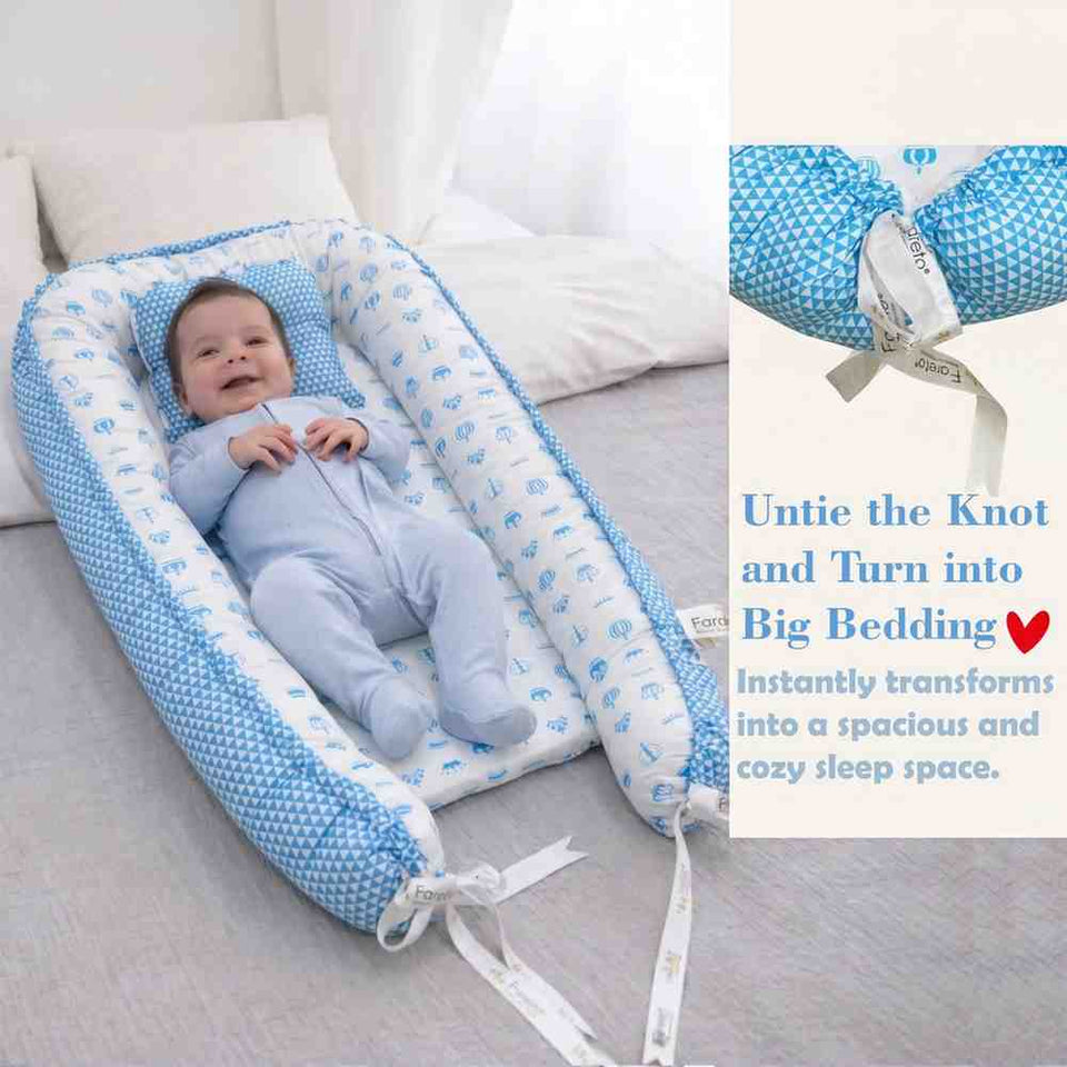 Fareto Reversible Oval Nest Baby Lounger Bed with Head Pillow | Soft Cotton Newborn Sleeping Nest (0–12 Months) | Breathable & Washable Infant Bed | (Taj Blue)(F761)