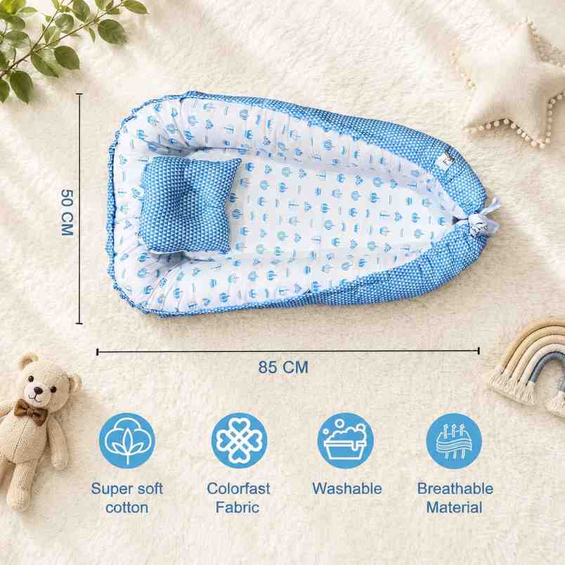 Fareto Reversible Oval Nest Baby Lounger Bed with Head Pillow | Soft Cotton Newborn Sleeping Nest (0–12 Months) | Breathable & Washable Infant Bed | (Taj Blue)(F761)