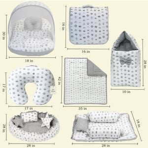 Fareto Baby bedding Essentials 1 Nest | 1 Mattress with net | 1 Carry bed | 1 Bolster set | 1 Carry bag | 1 Portable bed | 1 Feeding pillow | 1 Blanket (0-6M)