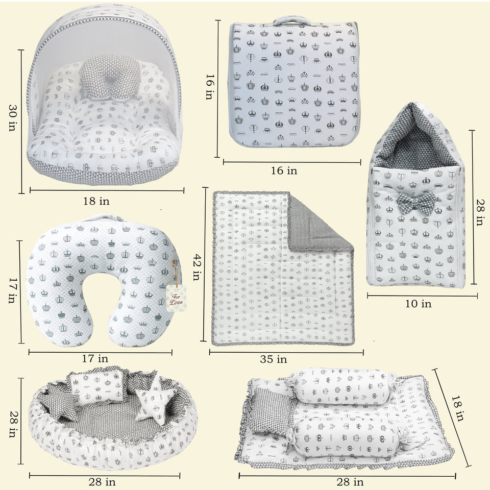 Fareto Baby bedding Essentials 1 Nest | 1 Mattress with net | 1 Carry bed | 1 Bolster set | 1 Carry bag | 1 Portable bed | 1 Feeding pillow | 1 Blanket (0-6M)