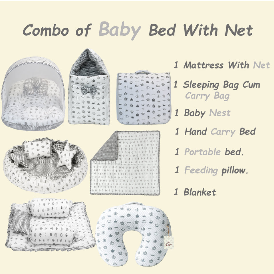 Fareto Baby bedding Essentials 1 Nest | 1 Mattress with net | 1 Carry bed | 1 Bolster set | 1 Carry bag | 1 Portable bed | 1 Feeding pillow | 1 Blanket (0-6M)
