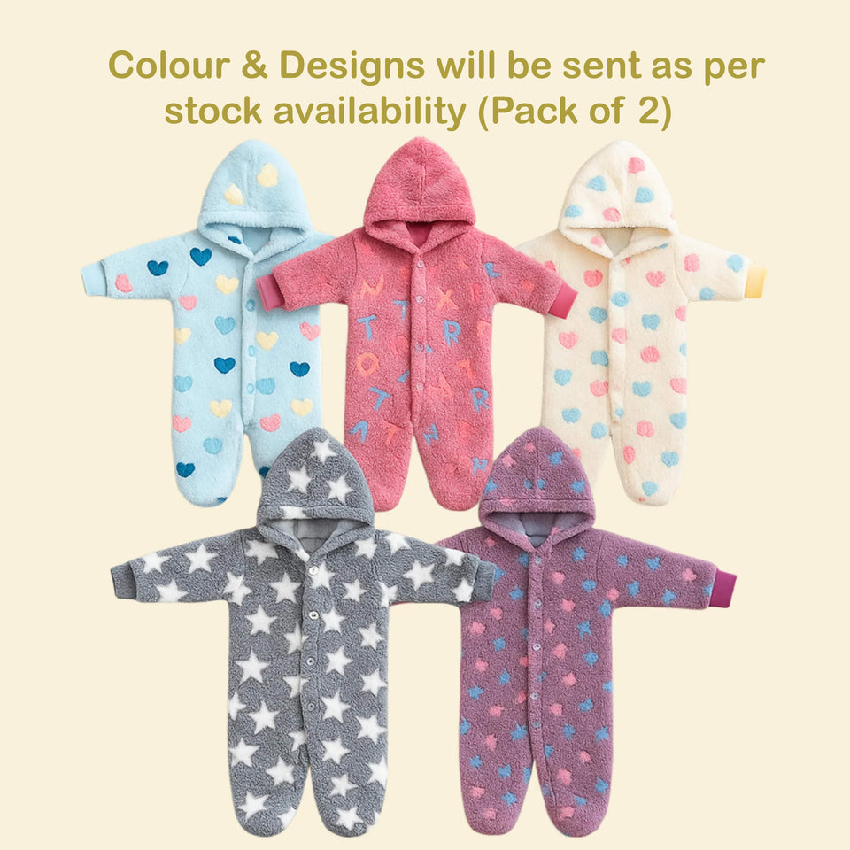 Fareto Winter Hooded Romper for Newborn Baby | Warm &  Super Soft Fleece Fabric | Front Open Style | Full Body Coverage (Pack of 2)(0–4 Months)(F612)