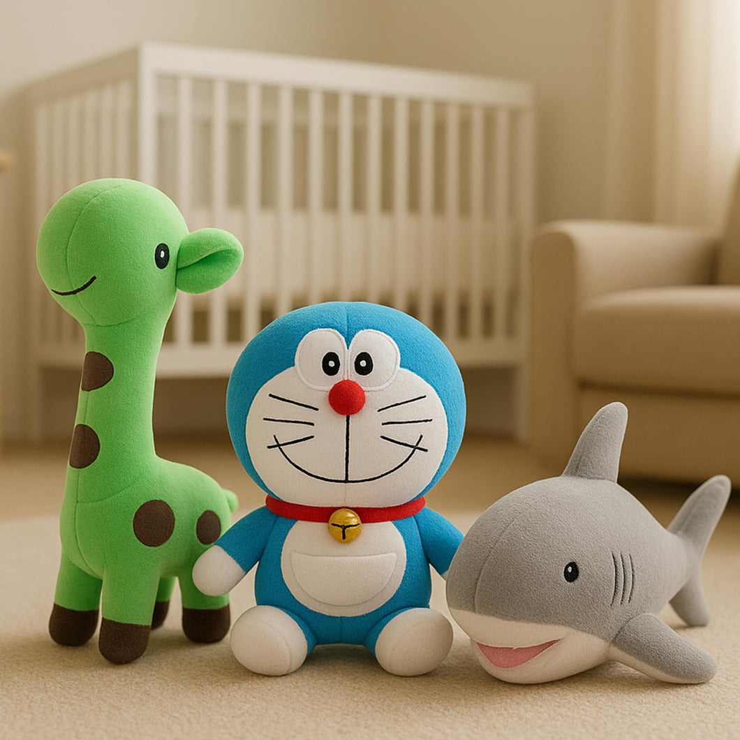 Fareto Premium Soft Toy Set of 3 – Adorable Giraffe, Doraemon, & Shark  Plush toy  – Perfect Baby & Kids Gift