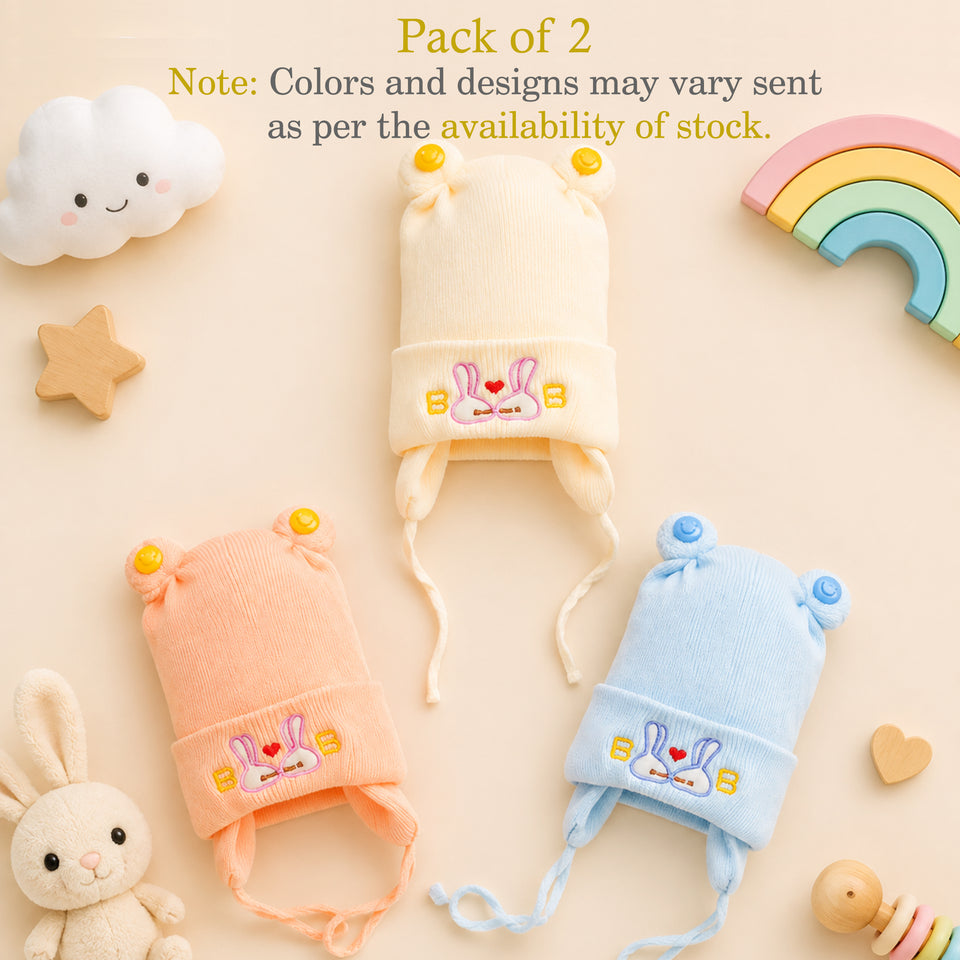 Fareto New Born Baby Super Warm Winter Wollen Cap (Pack of 3)(0-4 months) Colours and designs may vary(F459)