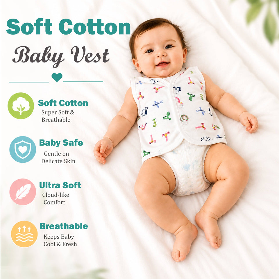 Fareto Baby Cotton Vest Set (Pack of 6) | Printed Front-Open Sleeveless Cotton Vests for Newborn Baby Boys & Girls | 0–3 Months(F757)