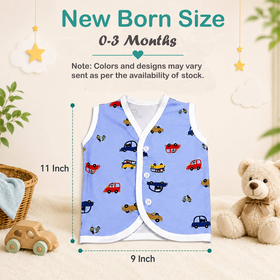 Fareto Baby Cotton Vest Set (Pack of 6) | Printed Front-Open Sleeveless Cotton Vests for Newborn Baby Boys & Girls | 0–3 Months(F757)