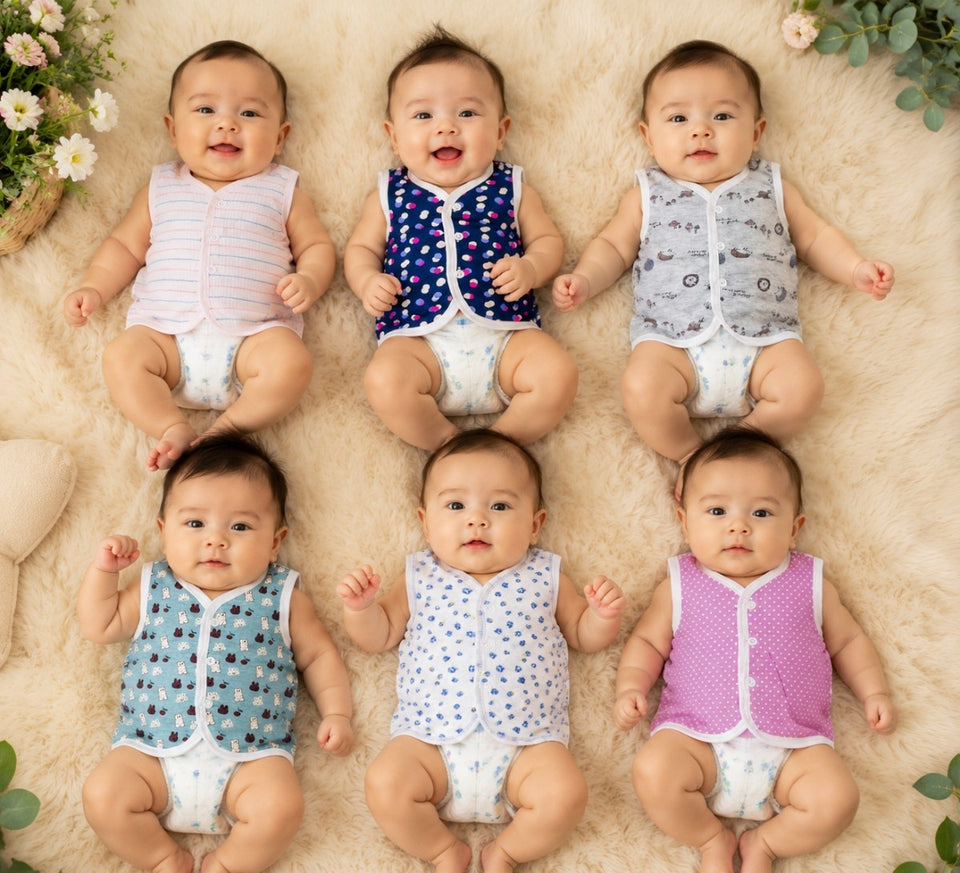 FARETO New Born Baby Cotton Vest (Multicolour, 0-3 Months) - Set of 6(F47)