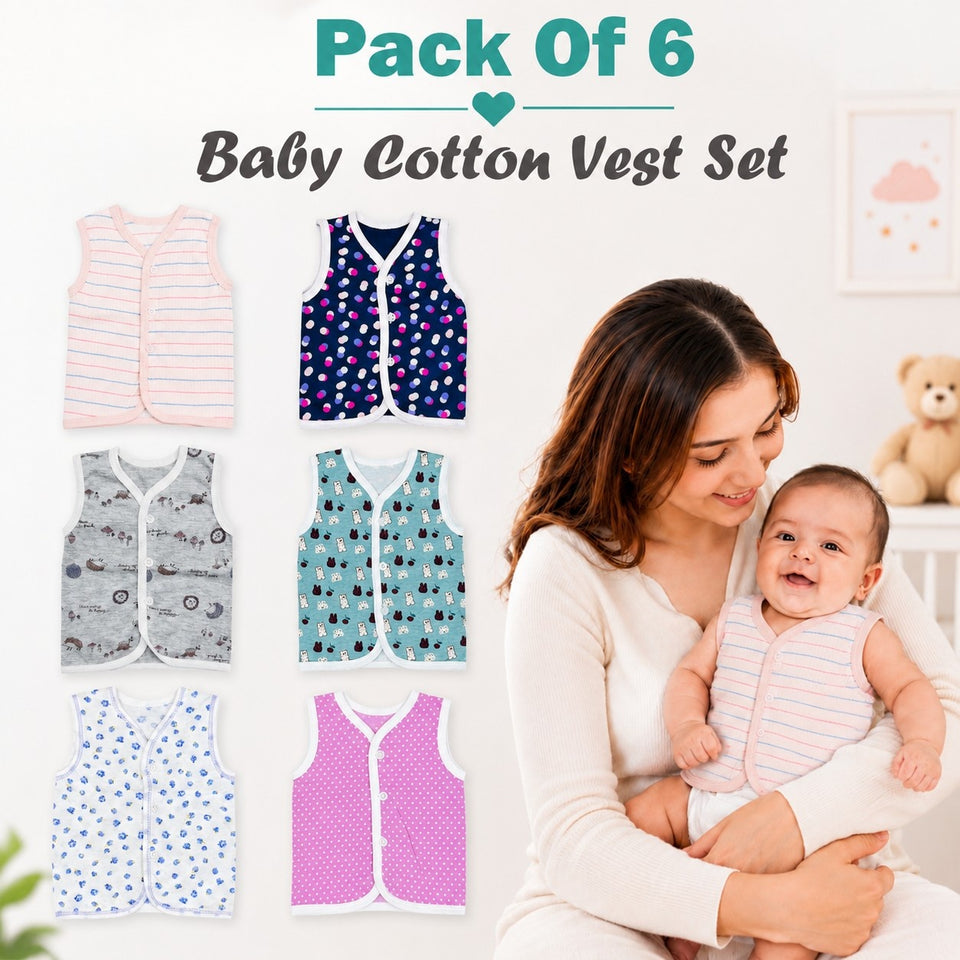 FARETO New Born Baby Cotton Vest (Multicolour, 0-3 Months) - Set of 6(F47)