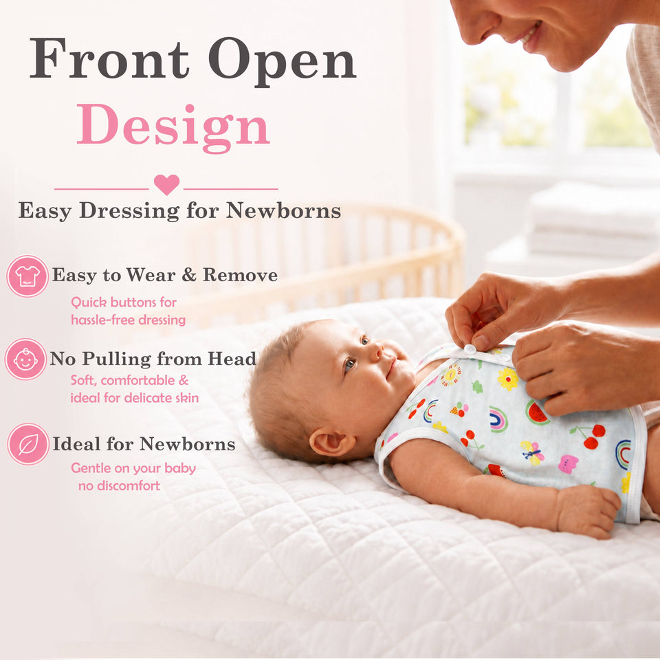Fareto Baby Cotton Vest Set (Pack of 6) | Printed Front-Open Sleeveless Cotton Vests for Newborn Baby Boys & Girls | 0–3 Months(F757)