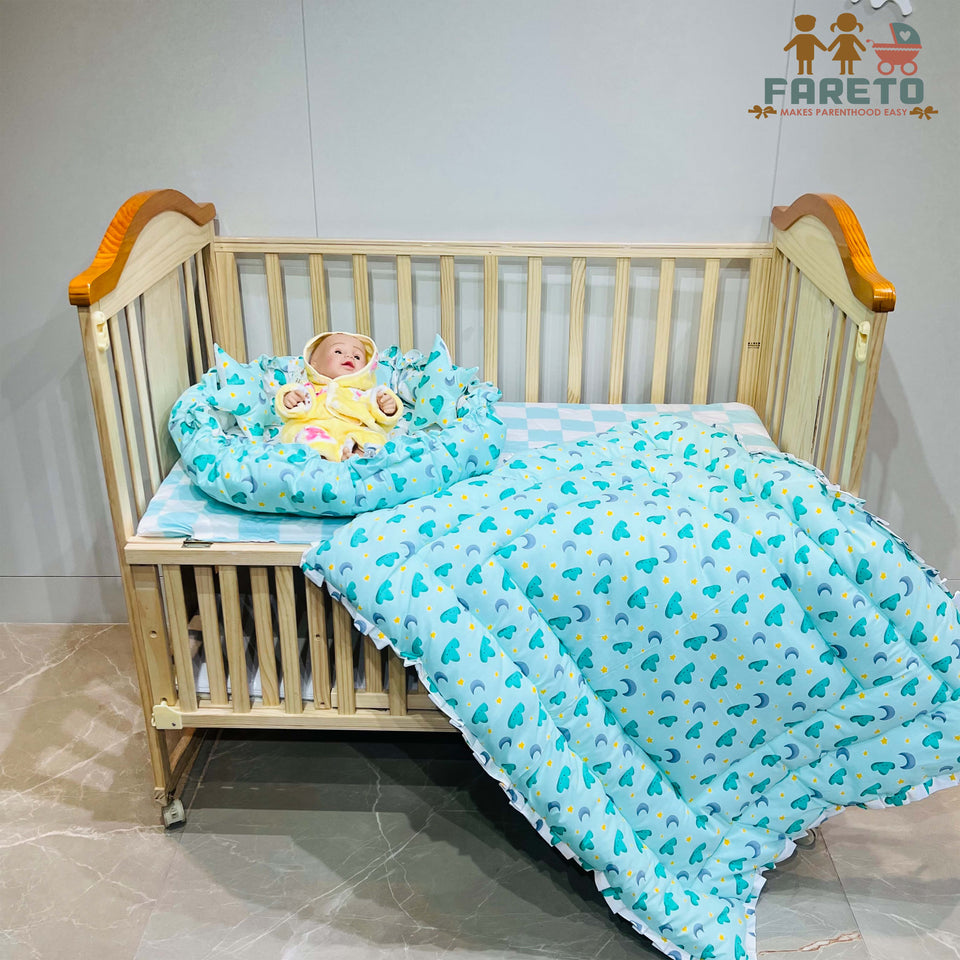 Fareto Premium Quality New Born Baby Full Bedding Set Combo (Pista Green Moon nd Cloud) (0-6 Months)