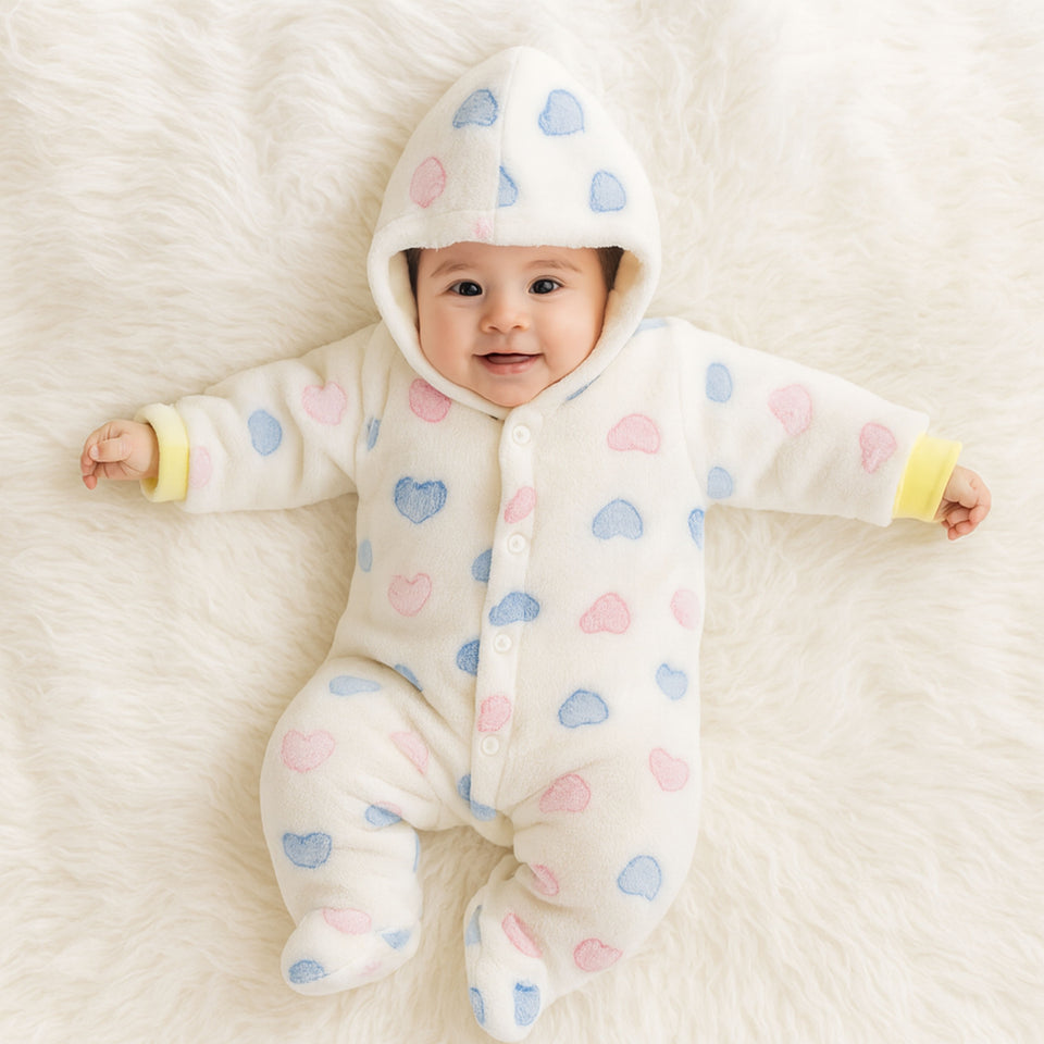 Fareto Winter Hooded Romper for Newborn Baby | Warm &  Super Soft Fleece Fabric | Front Open Style | Full Body Coverage (Pack of 1)(0–4 Months)(F607)