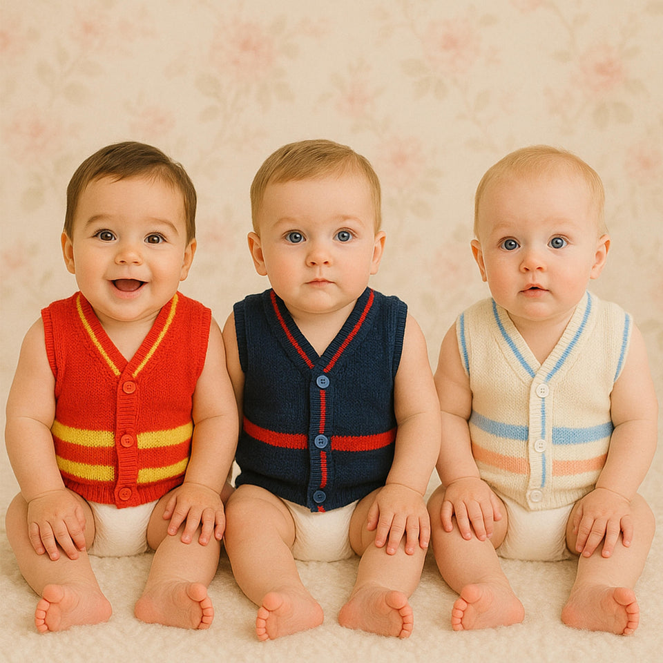 Fareto New Born Baby Sleeveless Sweater | Inner wear Sweater (0-2M)(Pack of 3)(Note: Colours & Designs May Vary)(F188)