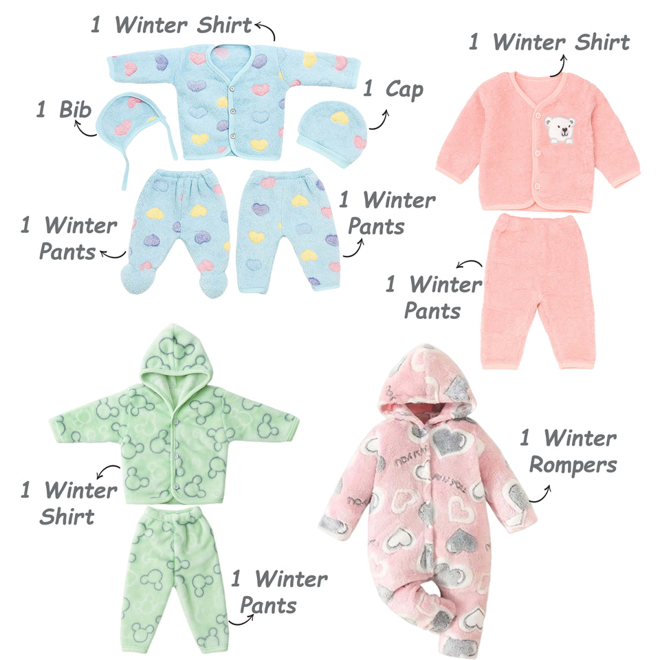 Fareto Newborn Baby Winter Clothing Combo Set – 22 in 1 Woolen & Fleece Essentials Kit for 0–6 Months | Super soft All in 1 winter clothing set | Gift Set for Newborns(F604)