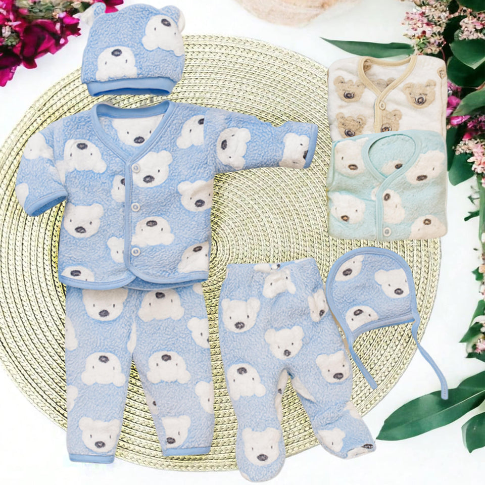 Fareto Newborn Baby Warm Winter Wear Clothes, 5 Pcs  Set Cotton Baby Boys Girls Unisex Baby  Flannel Suit, Infant Clothes, First Gift (Pack of 2)(0-3 Months)(Colour & Designs will be sent as per stock availability)(F645)