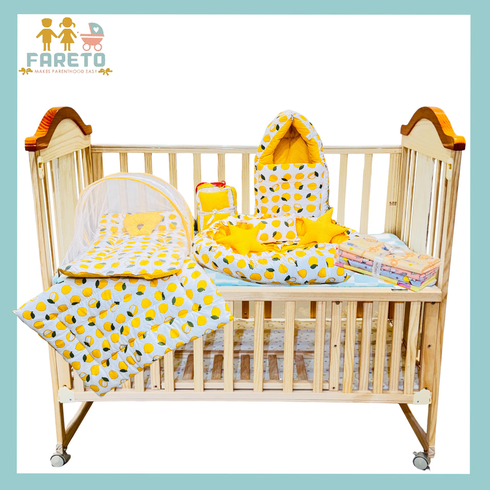 Fareto New Born Baby Bedding | Bed | Sleeping Bag | Essential (0-6 Months) (Pack of 15)