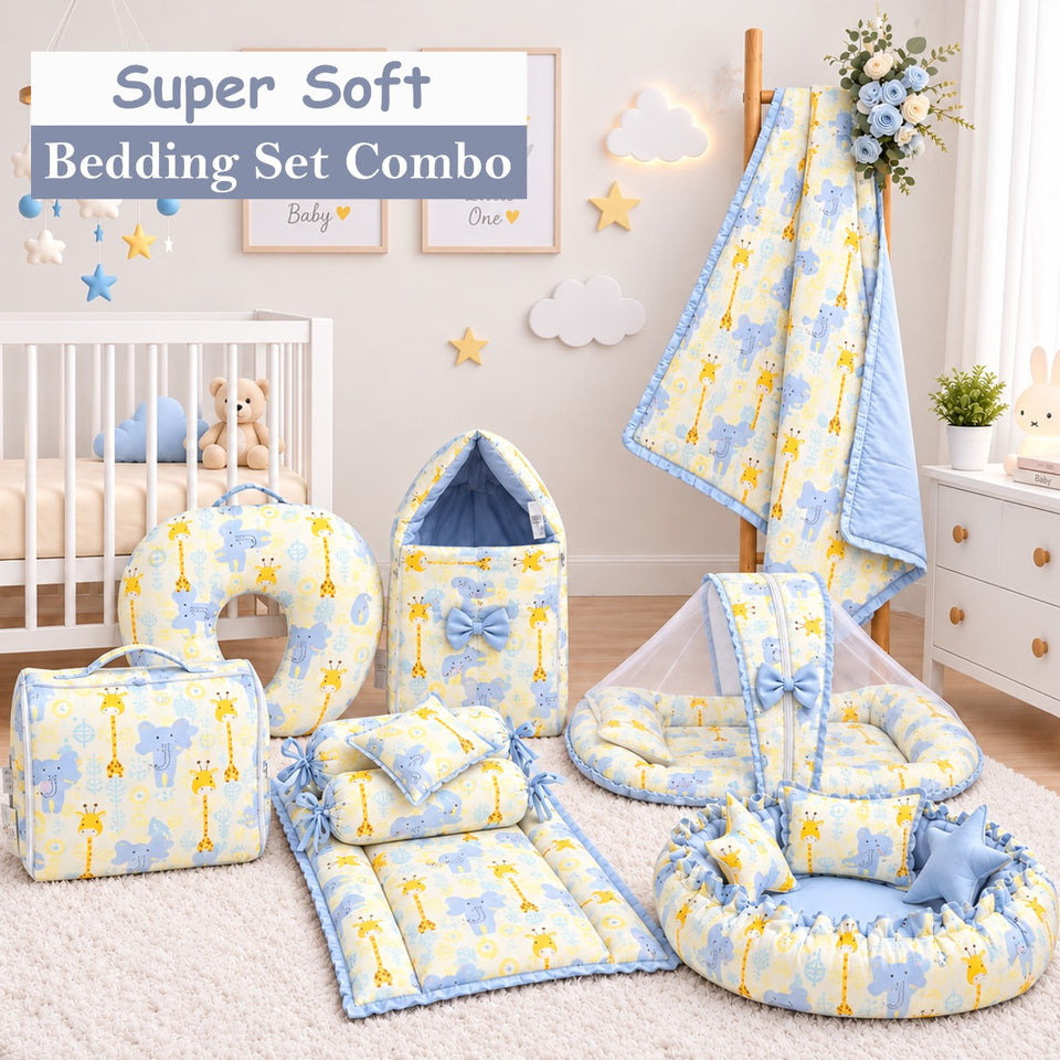 FARETO BABY BEDDING ESSENTIALS 1 NEST | 1 MATTRESS WITH NET | 1 CARRY BED | 1 BOLSTER SET | 1 CARRY BAG | 1 PORTABLE BED | 1 FEEDING PILLOW | 1 BLANKET (0-6M)(F824)