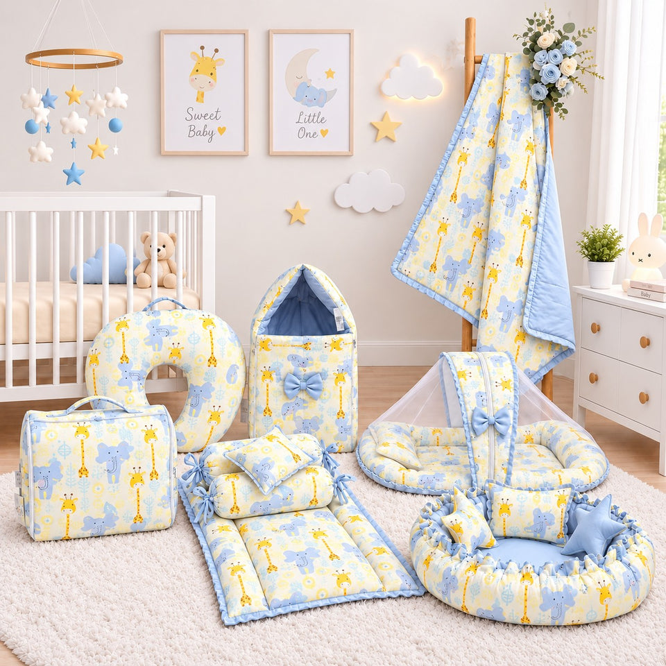 FARETO BABY BEDDING ESSENTIALS 1 NEST | 1 MATTRESS WITH NET | 1 CARRY BED | 1 BOLSTER SET | 1 CARRY BAG | 1 PORTABLE BED | 1 FEEDING PILLOW | 1 BLANKET (0-6M)(F824)