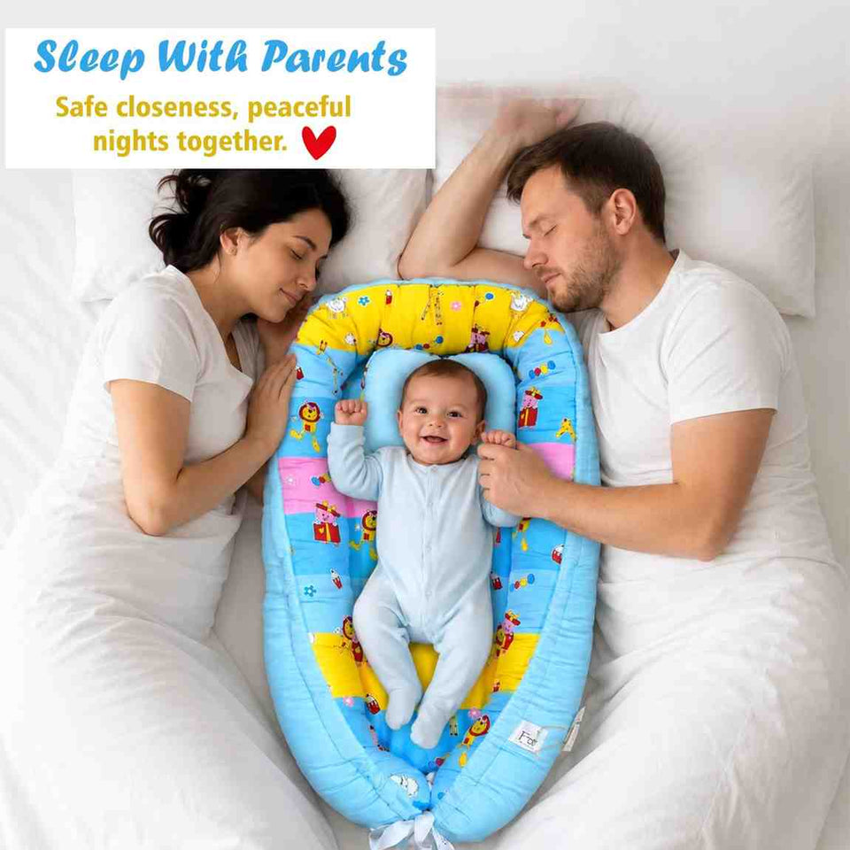 Fareto Reversible Oval Nest Baby Lounger Bed with Head Pillow | Soft Cotton Newborn Sleeping Nest (0–12 Months) | Breathable & Washable Infant Bed | (Blue Ziffi)(F762)