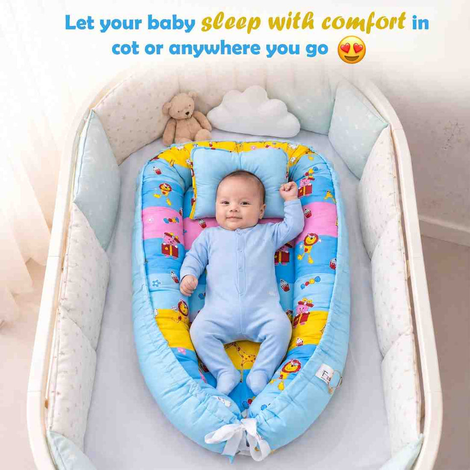 Fareto Reversible Oval Nest Baby Lounger Bed with Head Pillow | Soft Cotton Newborn Sleeping Nest (0–12 Months) | Breathable & Washable Infant Bed | (Blue Ziffi)(F762)