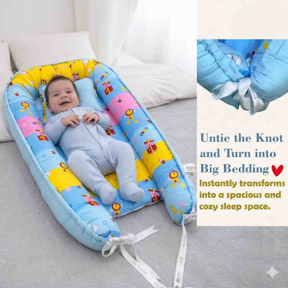 Fareto Reversible Oval Nest Baby Lounger Bed with Head Pillow | Soft Cotton Newborn Sleeping Nest (0–12 Months) | Breathable & Washable Infant Bed | (Blue Ziffi)(F762)