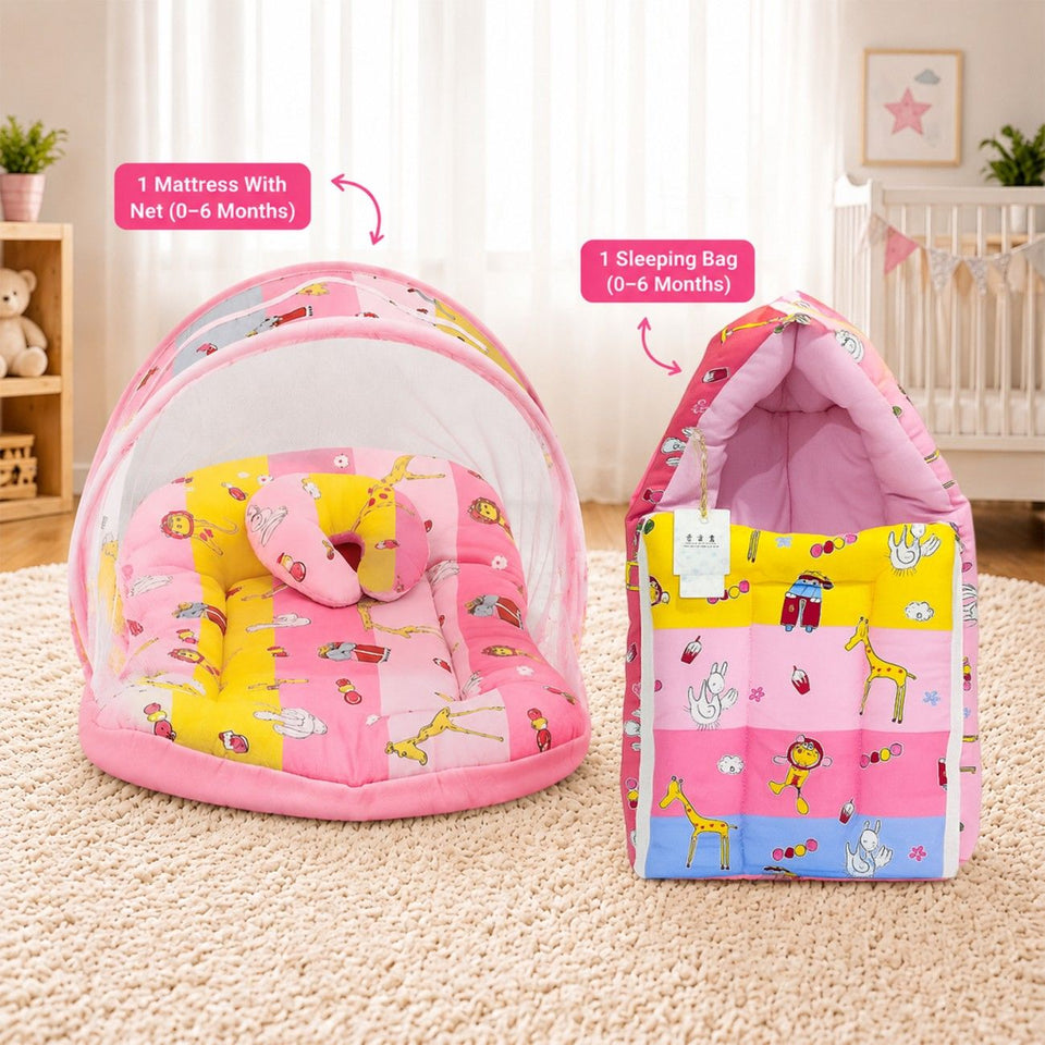 Fareto New Born Baby Premium Quality Mattress with Net & Sleeping Bag(0- 4Months)(Pink Ziraf)(F83)