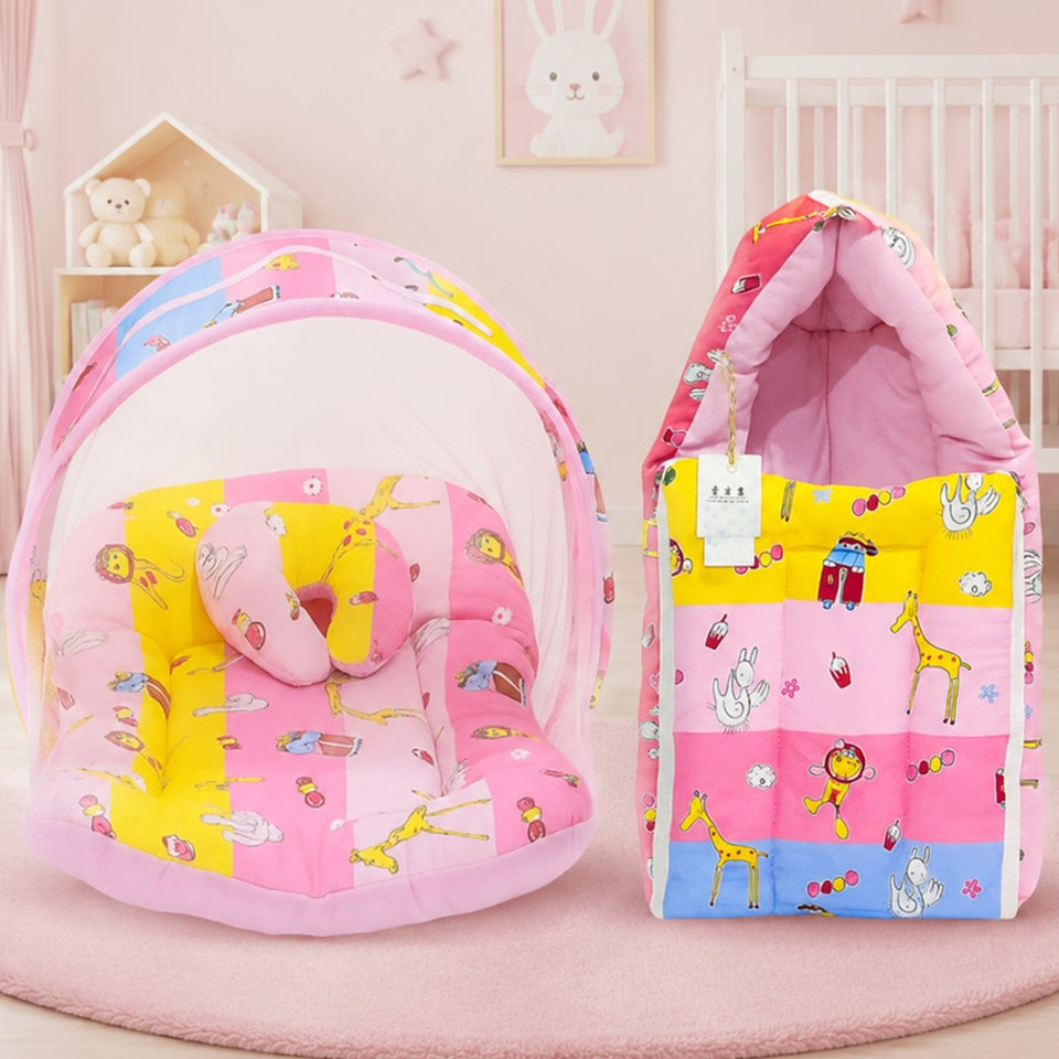 Fareto New Born Baby Premium Quality Mattress with Net & Sleeping Bag(0- 4Months)(Pink Ziraf)(F83)